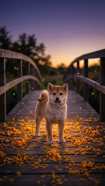 AI-generated Shiba Inu in marigold bridge scene