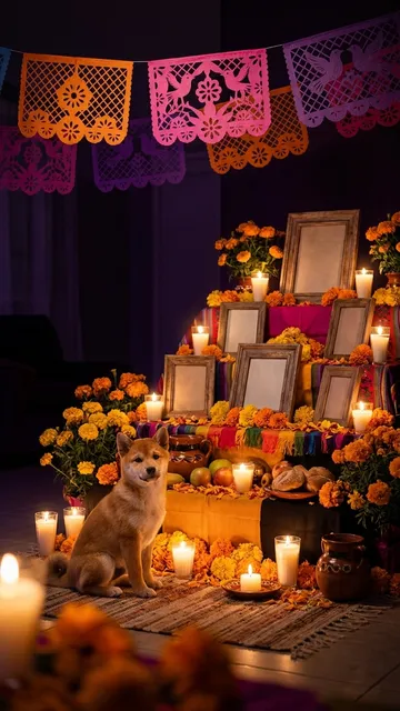 AI-generated Shiba Inu in ofrenda reunion scene