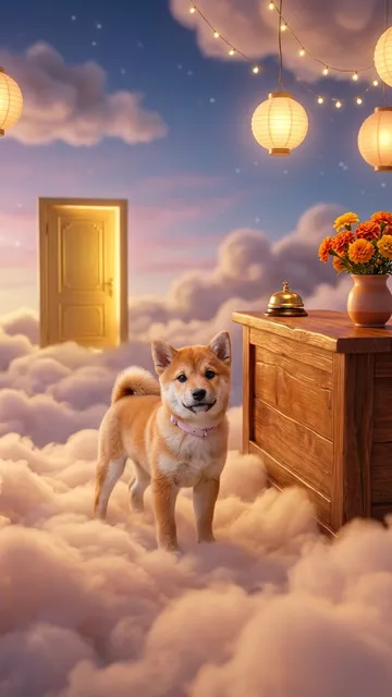 AI-generated Shiba Inu in pet afterlife check in scene